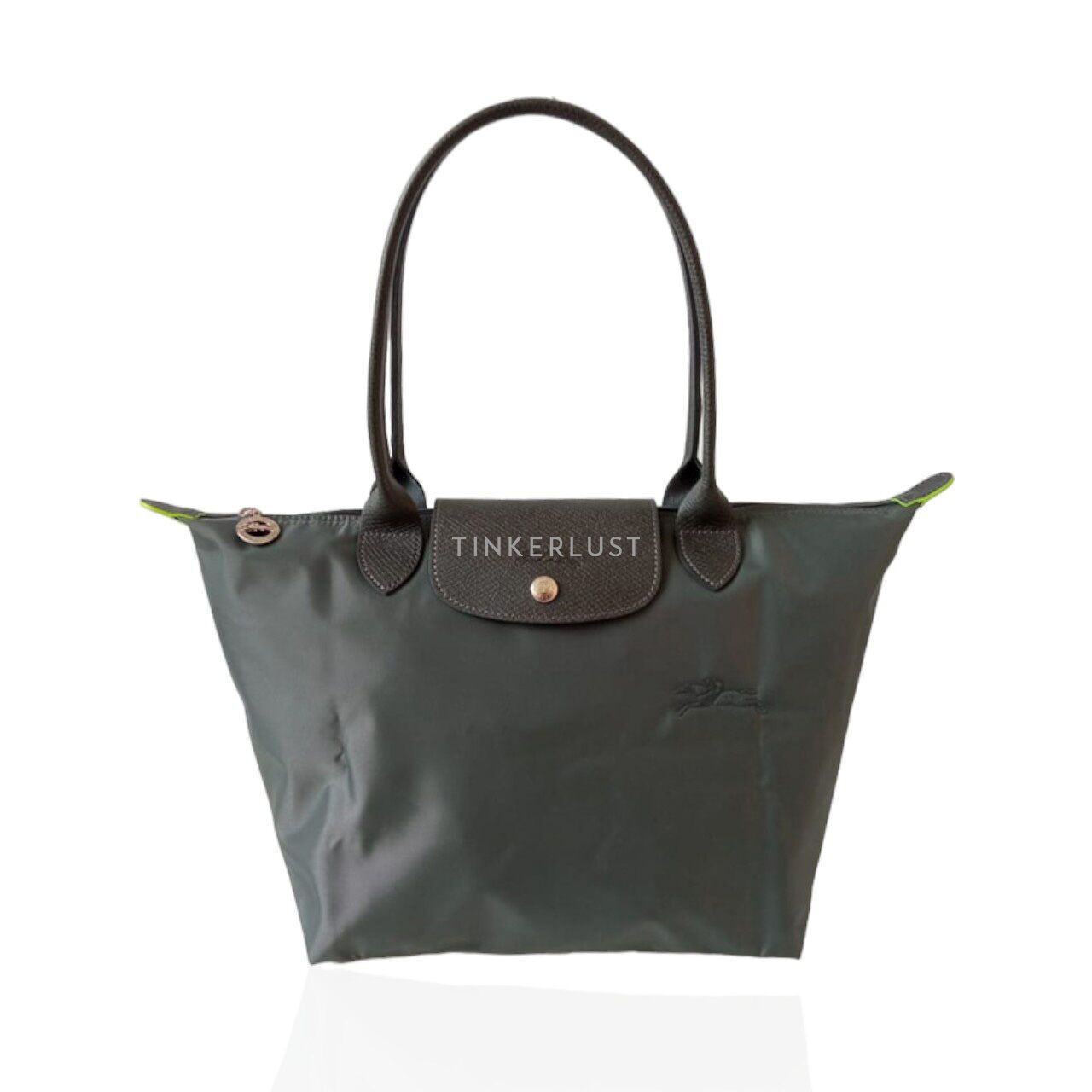 tas tote bag Longchamp Le Pliage Green Small Long Handle Graphite Tote Bag Tinkerlust